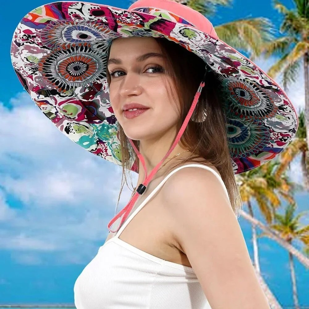 Women Floral Summer Sun Hat Ultra Wide Brim UV Protection Reversible Foldable